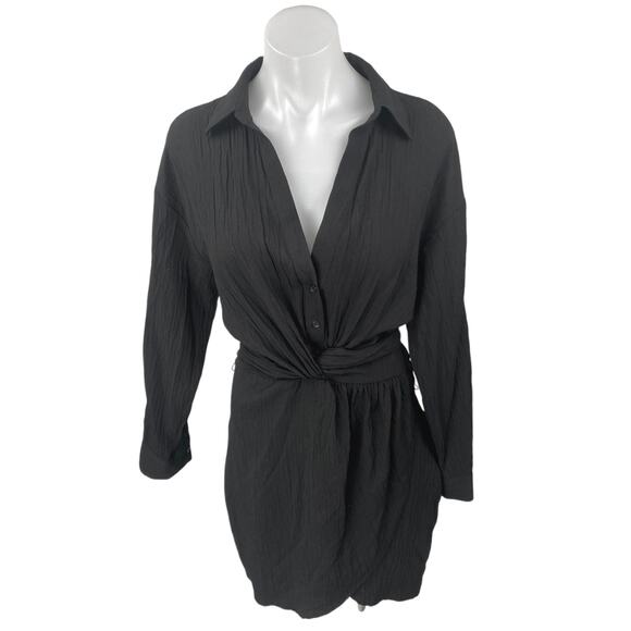 Zara Women's Black Long Sleeve V Neck Twist Front Wrap Mini Shirt Dress Size XS - Picture 1 of 4